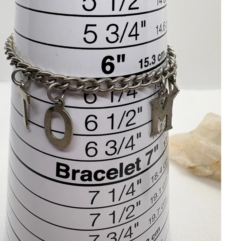 Vintage SKS Sterling Heart TOMY Name Key Charm Bracelet Silver Tone 7 Inch